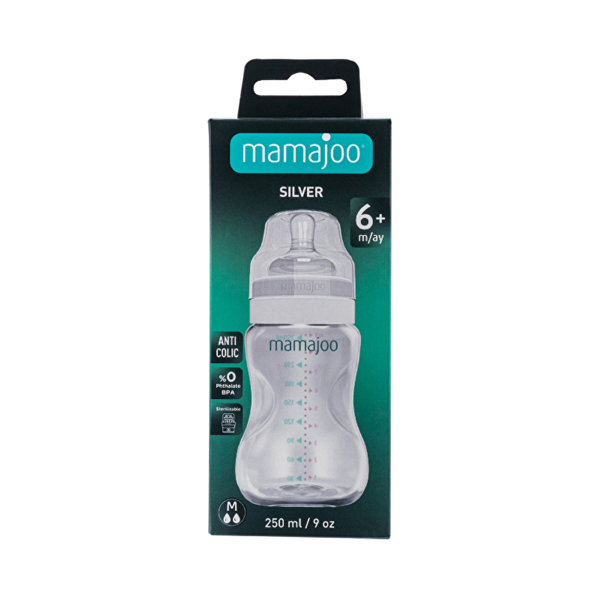 Mamajoo Silver Bottle 8 oz - Anti-Colic Nipple Size 2 | BPA-Free