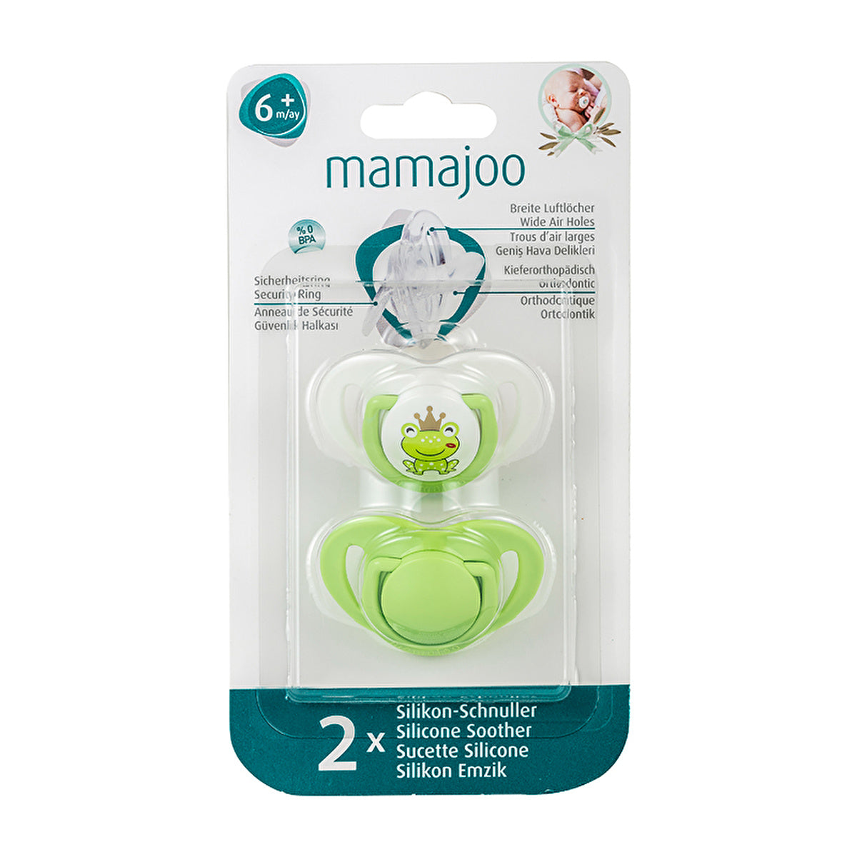 Mamajoo Orthodontic Pacifier Frog Prince Green - 6 Months+ | BPA Free - Image #1