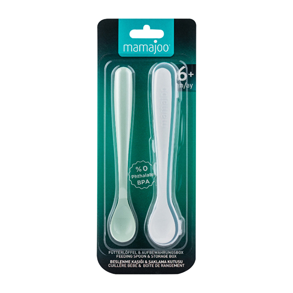 Mamajoo 2-Pack Baby Spoons & Storage Case - Powder Green & White