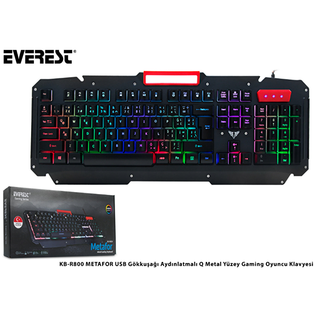 Everest USB Rainbow Backlit Gaming Keyboard KB-R800 - Metal Surface