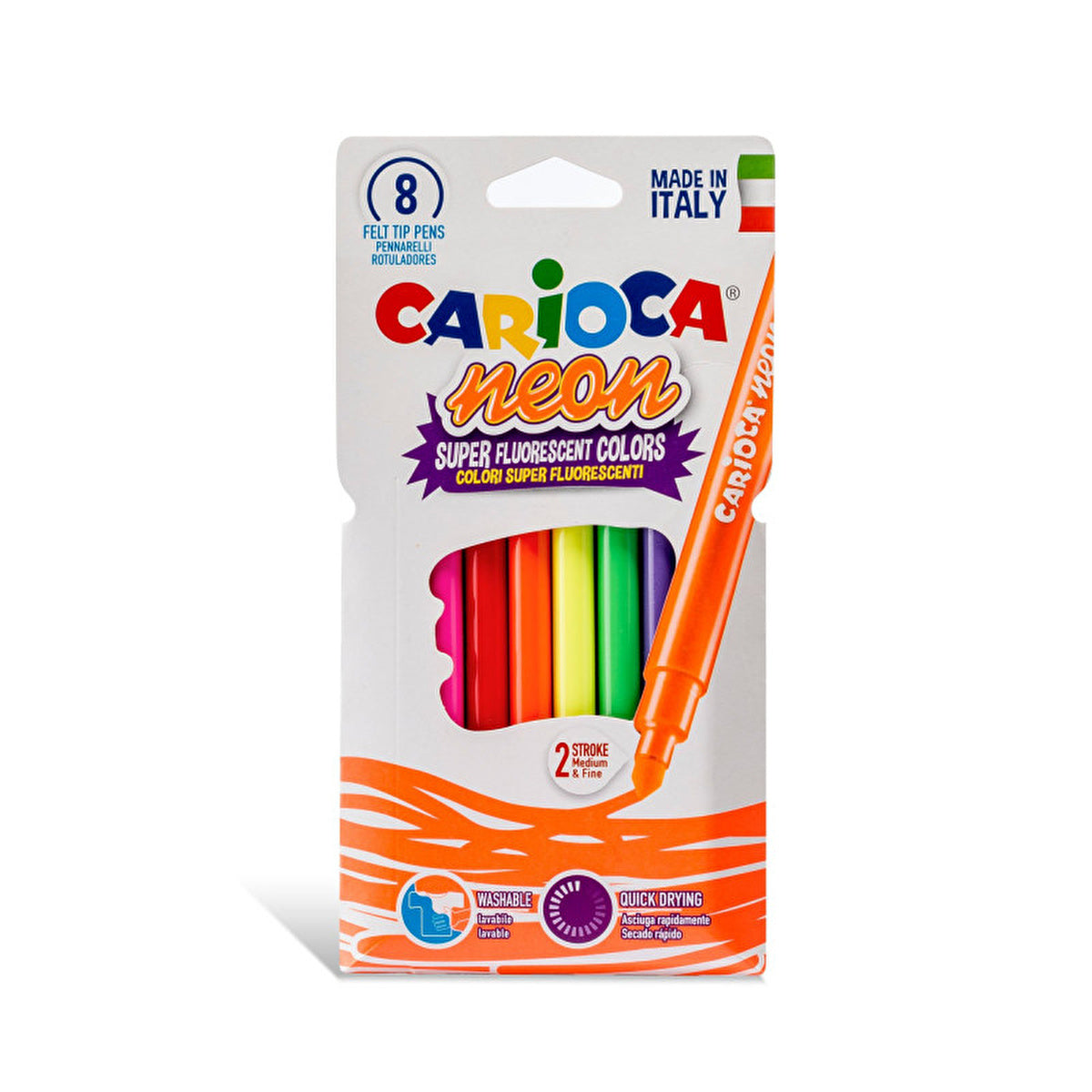 Neon Washable Markers 8 Set - Vibrant Fluorescent Ink | Carioca