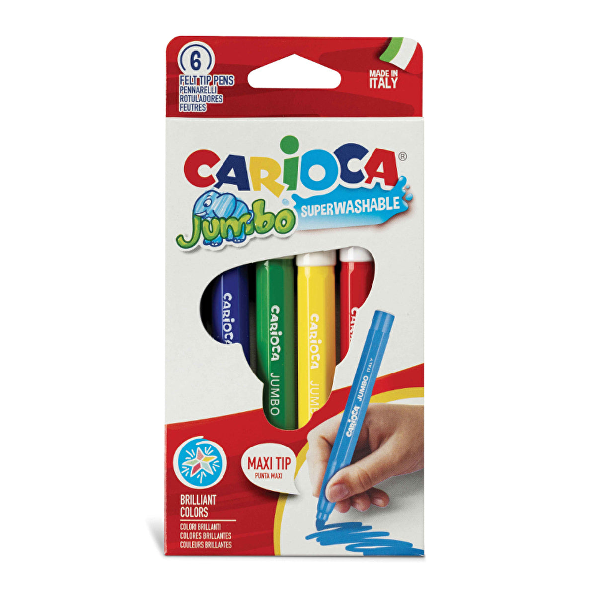 Carioca Jumbo Washable Felt Tip Markers Set of 6 - Super Easy Clean | Italy