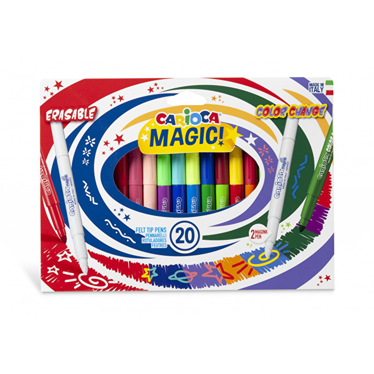 Carioca Magic Felt Tip Markers 20 Pack - Color Changing & Erasable | Italy