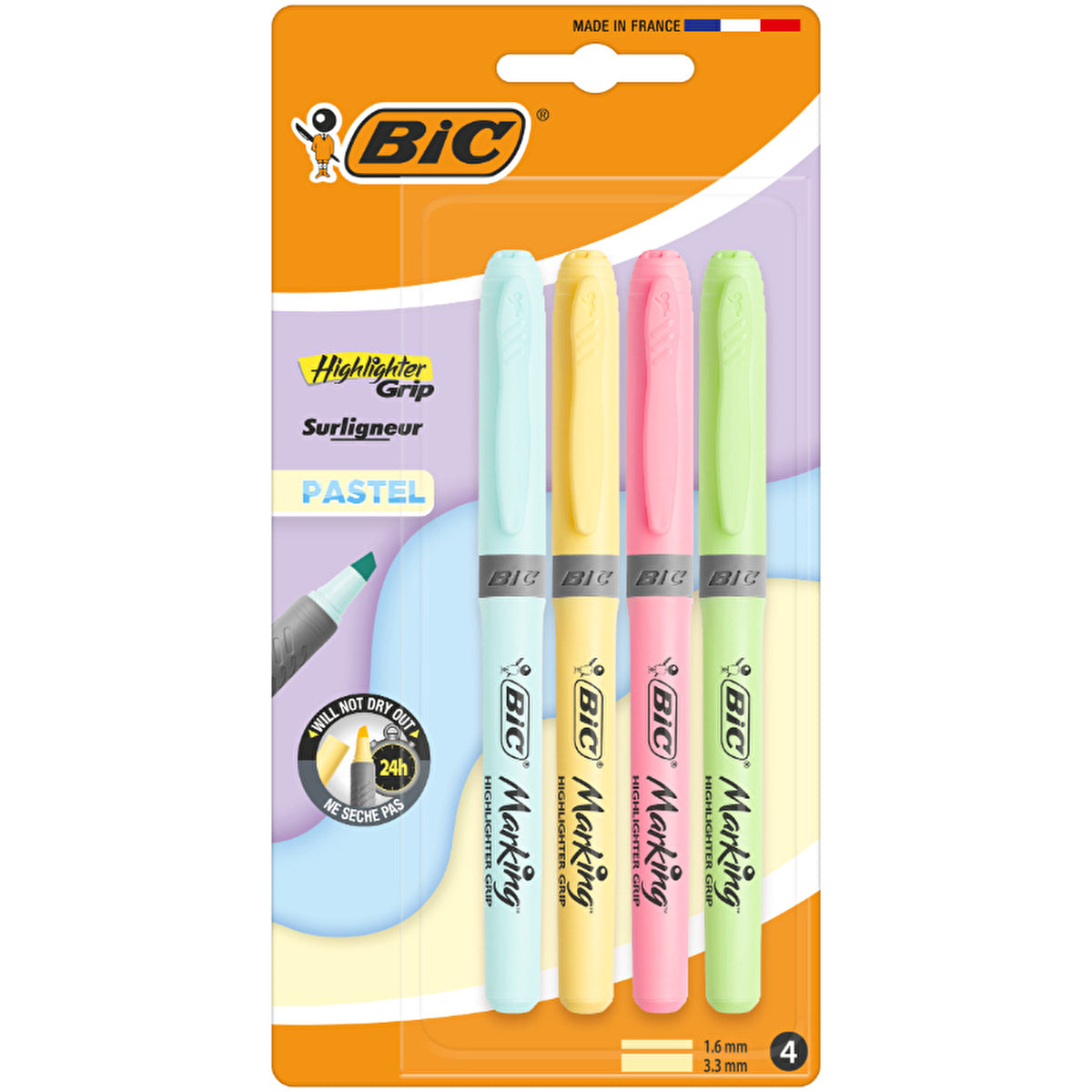 BIC Brite Liner Grip Highlighter - Pastel Colors 4 Pack | Bright & Vibrant