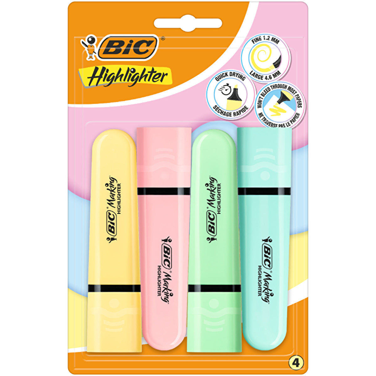 Bic Flat Highlighter Pastel Colors 4-Pack - Durable & Smooth Performance