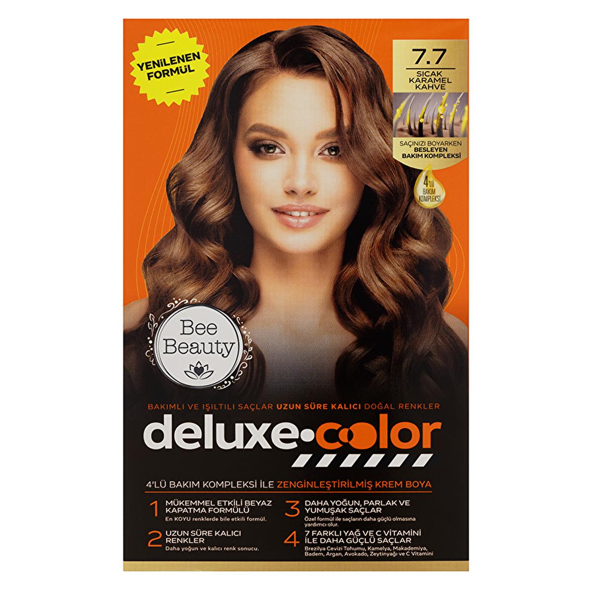Bee Beauty Deluxe Color Kit - Nourishing Hair Dye for Long-Lasting Vibrant Color, 7.7 Warm Caramel Coffee Nourishing Hair Dye - Bee Beauty Deluxe Color Kit hair dye, nourishing hair color, long-lasting hair dye, hair care with natural oils, Vitamin C hair care, hair coloring kit, cosmetic hair product, vibrant hair color, healthy hair care