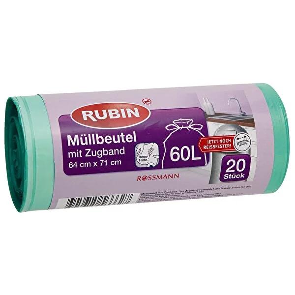 Rubin 60 Liter Trash Bags with Drawstring - 20 Count, 64x71 cm - Eco-Friendly Polyethylene Rubin 60L Trash Bags - Eco-Friendly & Durable Trash bags, Rubin trash bags, 60 liter trash bags, Drawstring trash bags, Polyethylene trash bags, Eco-friendly trash bags, Bulk trash bags, Household essentials, Office supplies, Waste management solutions