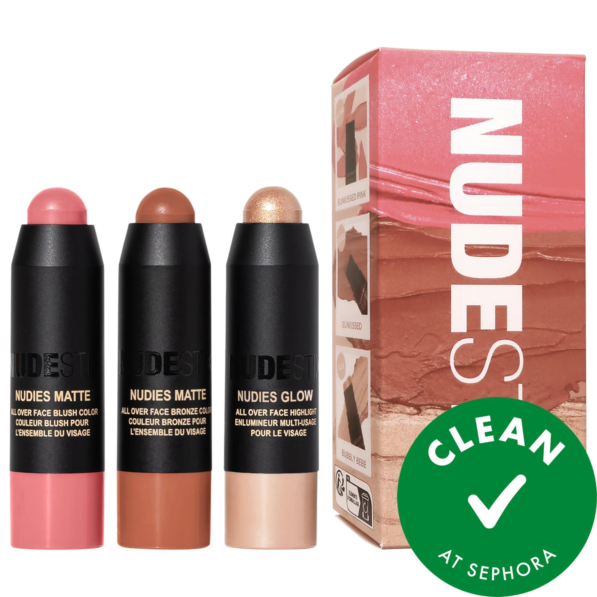 Sunkissed Skin Trio: Mini Bronzer Blush Highlighter Set for Radiant, No-Makeup Look | Clean, Creamy &amp; Portable Sunkissed Skin Trio: Bronzer Blush Highlighter Set | No-Makeup Look sunkissed skin trio, bronzer blush highlighter set, creamy makeup set, mini makeup set, no makeup makeup look, clean beauty set, paraben free makeup, phthalate free makeup, sulfate free makeup, Nudies bronzer blush highlighter, bronzer, blush, highlighter, makeup set, mini size, portable, travel size, cream formula, blendable, radi