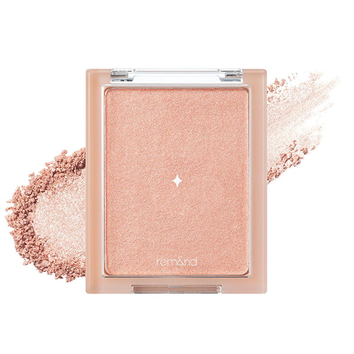 rom&nd See-Through Veillighter packaging, swatch of rom&nd See-Through Veillighter, applying rom&nd See-Through Veillighter rom&nd See-Through Veillighter 01 Sun Kissed Veil - Effortless Glow for All Skin Types | 0.35 oz rom&nd See-Through Veillighter - Sun Kissed Highlight romand, highlighter, makeup, beauty, illuminator, glow, cosmetics, radiance, highlight, ai-generated