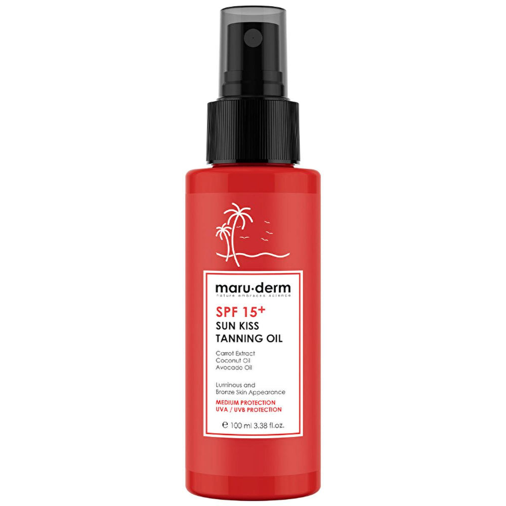 Maruderm Sun Kiss Tanning Oil SPF 15+ - Achieve a Radiant Tan While Protecting & Moisturizing Your Skin Maruderm SPF 15+ Tanning Oil: Sun-Kissed Glow, Protected Skin tanning oil, SPF 15 tanning oil, sun kiss tanning oil, bronzing oil, carrot oil tan, coconut oil tanning, sun protection tanning, tanning oil for sensitive skin, tan oil, sun tan, tanning lotion, sunblock, sunscreen, SPF, carrot extract, coconut oil, avocado oil, moisturizing, hydrating, sun protection, summer, beach, vacation, sun-sensitive sk