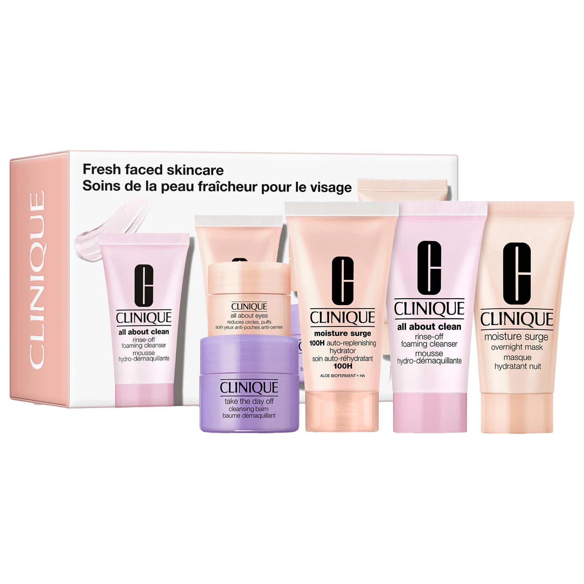 Clinique Fresh Faced Skincare Set: Hydrating Moisture Surge, Cleansing Balm, Eye Cream - Paraben & Phthalate-Free for Glowing Skin Clinique Skincare Set: Hydrate, Cleanse & Glow skincare set, hydrating skincare, cleansing balm, eye cream for dark circles, overnight mask, paraben-free skincare, phthalate-free skincare, moisture surge, take the day off, all about clean, skincare routine, dry skin, dark circles, puffiness, moisturizer, makeup remover, foaming cleanser, sensitive skin, beauty, cosmetic, gifts f