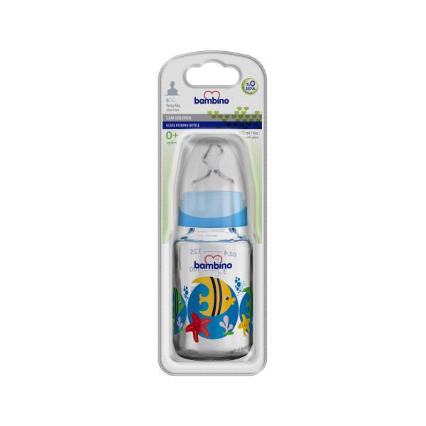 Bambino 125ml Glass Baby Bottle - Slow Flow, Non-Toxic, Blue Fish Design - Baby Care