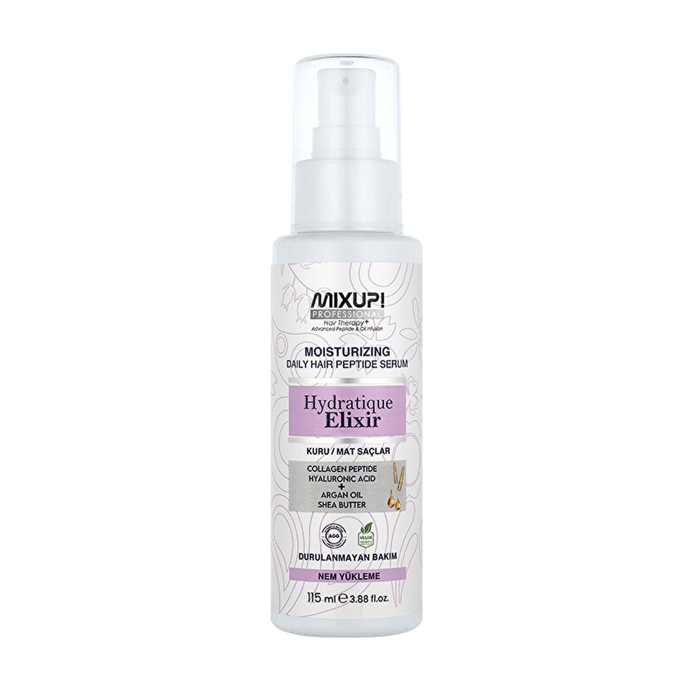 Mixup! Hydratique Elixir: Intense Hydrating Hair Serum for Dry, Dull Hair - Collagen Peptides, Hyaluronic Acid, Argan & Shea Oils, Leave-In Treatment Mixup! Hydrating Hair Serum for Dry Hair - Shine & Moisture hair serum, dry hair serum, hydrating hair serum, collagen peptide hair serum, hyaluronic acid hair serum, argan oil hair treatment, shea oil hair treatment, leave in hair serum, hair shine serum, frizzy hair serum, hair hydration, hair shine, frizz control, hair smoothness, hair nourishment, hair car