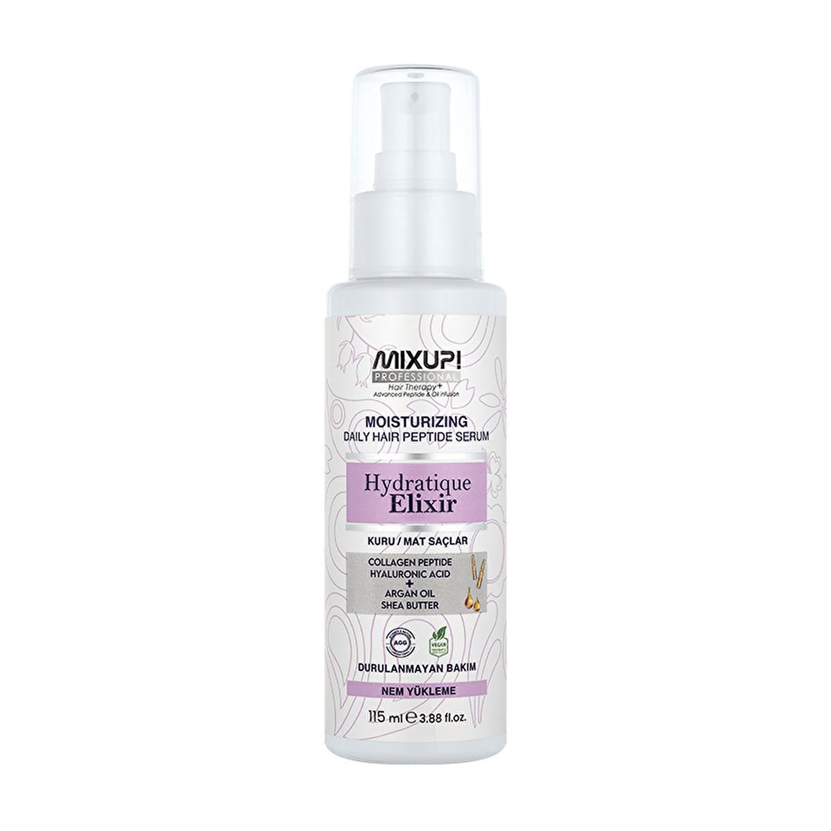 Mixup! Hydratique Elixir: Intense Hydrating Hair Serum for Dry, Dull Hair - Collagen Peptides, Hyaluronic Acid, Argan & Shea Oils, Leave-In Treatment Mixup! Hydrating Hair Serum for Dry Hair - Shine & Moisture hair serum, dry hair serum, hydrating hair serum, collagen peptide hair serum, hyaluronic acid hair serum, argan oil hair treatment, shea oil hair treatment, leave in hair serum, hair shine serum, frizzy hair serum, hair hydration, hair shine, frizz control, hair smoothness, hair nourishment, hair car