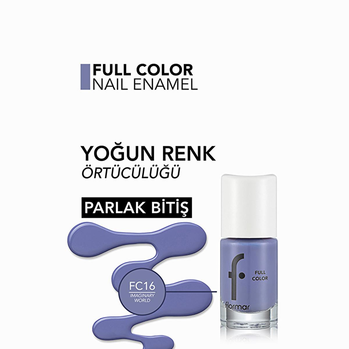 Flormar Full Color FC16 Imaginary World Nail Polish: Extra Pigmented, Long Lasting, High Shine, Vibrant Purple Nail Color Flormar Nail Polish: High Pigment, Long Lasting Color nail polish, full color nail polish, high pigment nail polish, long lasting nail polish, shiny nail polish, Flormar nail polish, purple nail polish, nail color FC16, durable nail polish, quick dry nail polish, nail color, nail lacquer, cosmetic, beauty, personal care, manicure, pedicure, vibrant color, chip resistant, long-wearing, gl