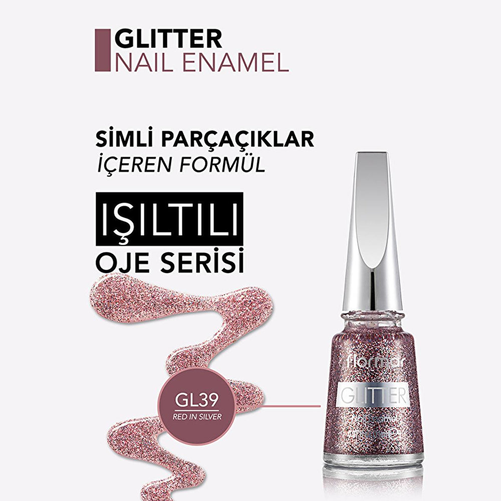 Flormar Glitter Yarı Saydam Simli Oje GL39 Red In Silver - Long Lasting Semi-Transparent Nail Polish - view 4