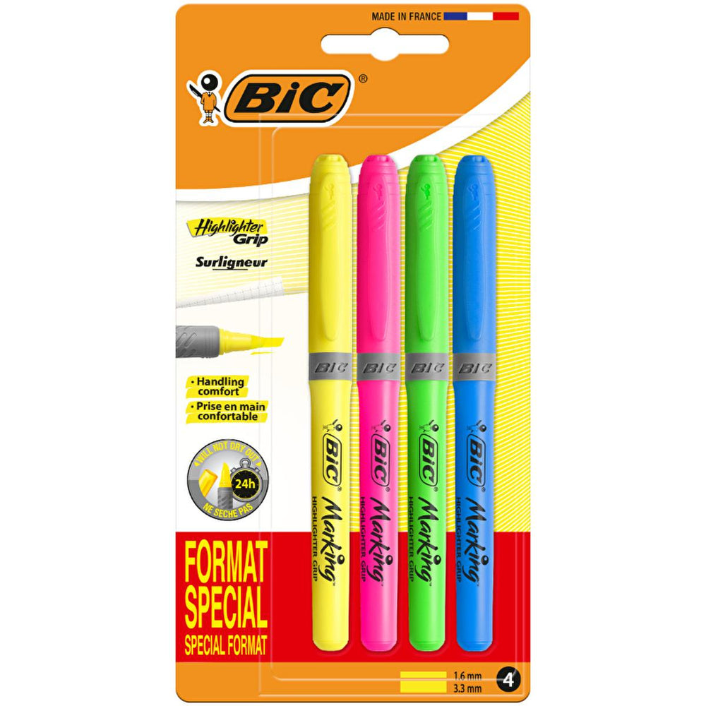 BIC Highlighter Grip - Ergonomic Phosphorescent Highlighter Pens for Comfortable Highlighting - Highlighter