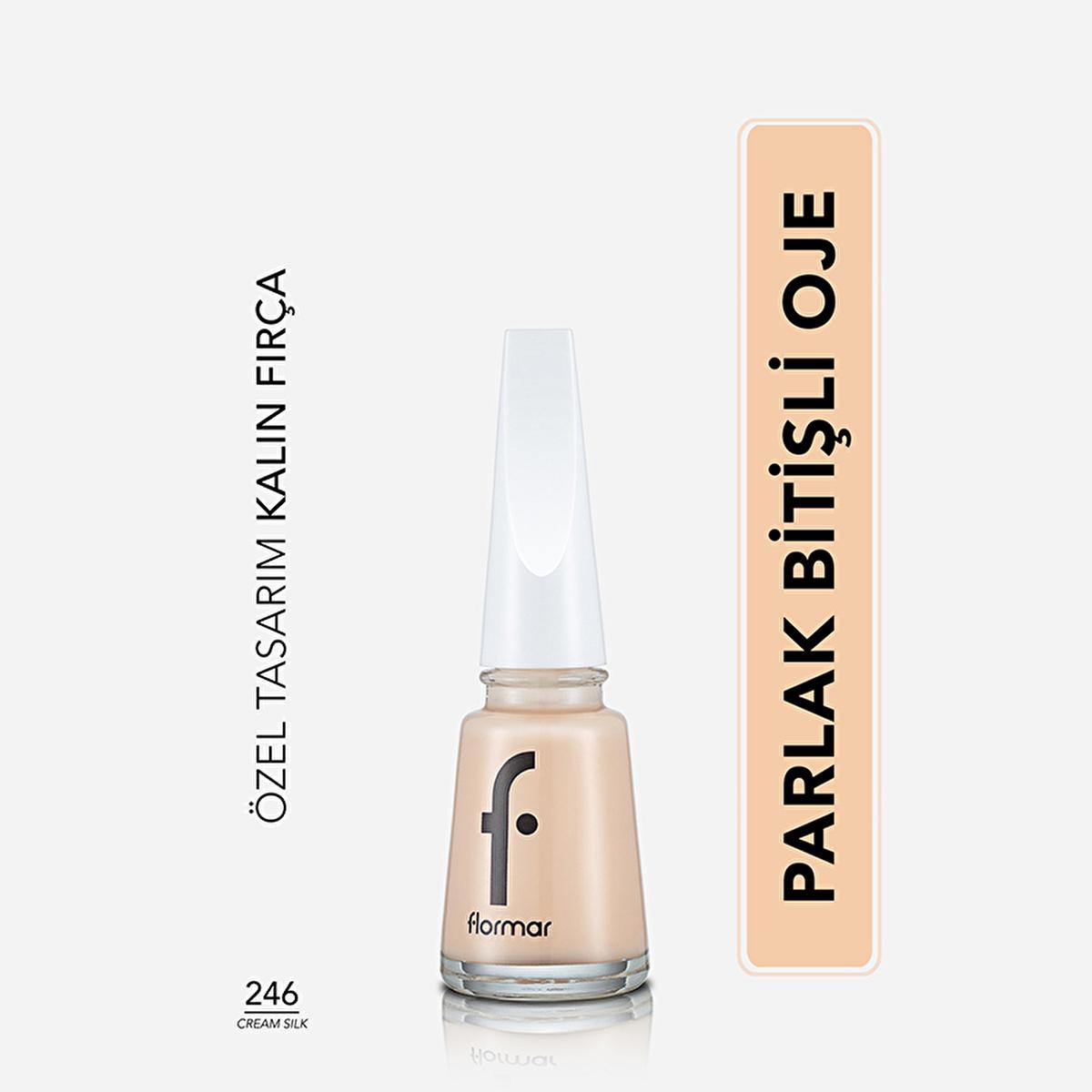 flormar nail enamel 246 cream silk bottle, swatch of flormar nail enamel cream silk Flormar Nail Enamel Yoğun Pigmentli Oje 246 Cream Silk - Intensive Color and Nail Care for Women | 11 ml Flormar Nail Enamel - Cream Silk Color Boost flormar, nail-enamel, cream-silk, intensive-color, women-cosmetics, long-lasting, nail-care, pigmented-nail-polish, bright-finish, ai-generated