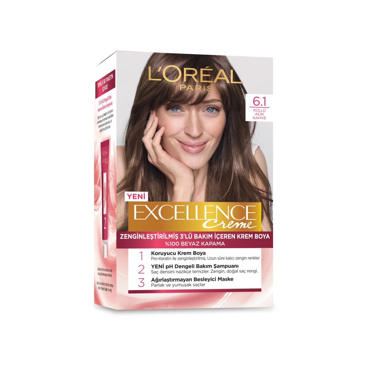 loreal-paris-excellence-creme-hair-color-ash-light-brown, packaging-of-loreal-paris-excellence-hair-dye Loreal Paris Excellence Creme Hair Color - 6.1 Ash Light Brown for Women Loreal Paris Excellence Creme - Ash Light Brown loreal-paris, hair-color, excellence-creme, ash-light-brown, women-hair-dye, permanent-hair-color, gray-coverage, professional-hair-dye, nourishing-formula, ai-generated