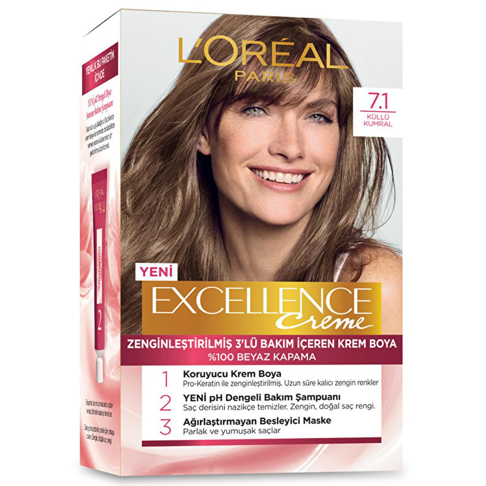 Loreal Paris Excellence Creme Hair Dye - 7.1 Küllü Kumral - Nourishing Permanent Hair Color for At-Home Use - view 4