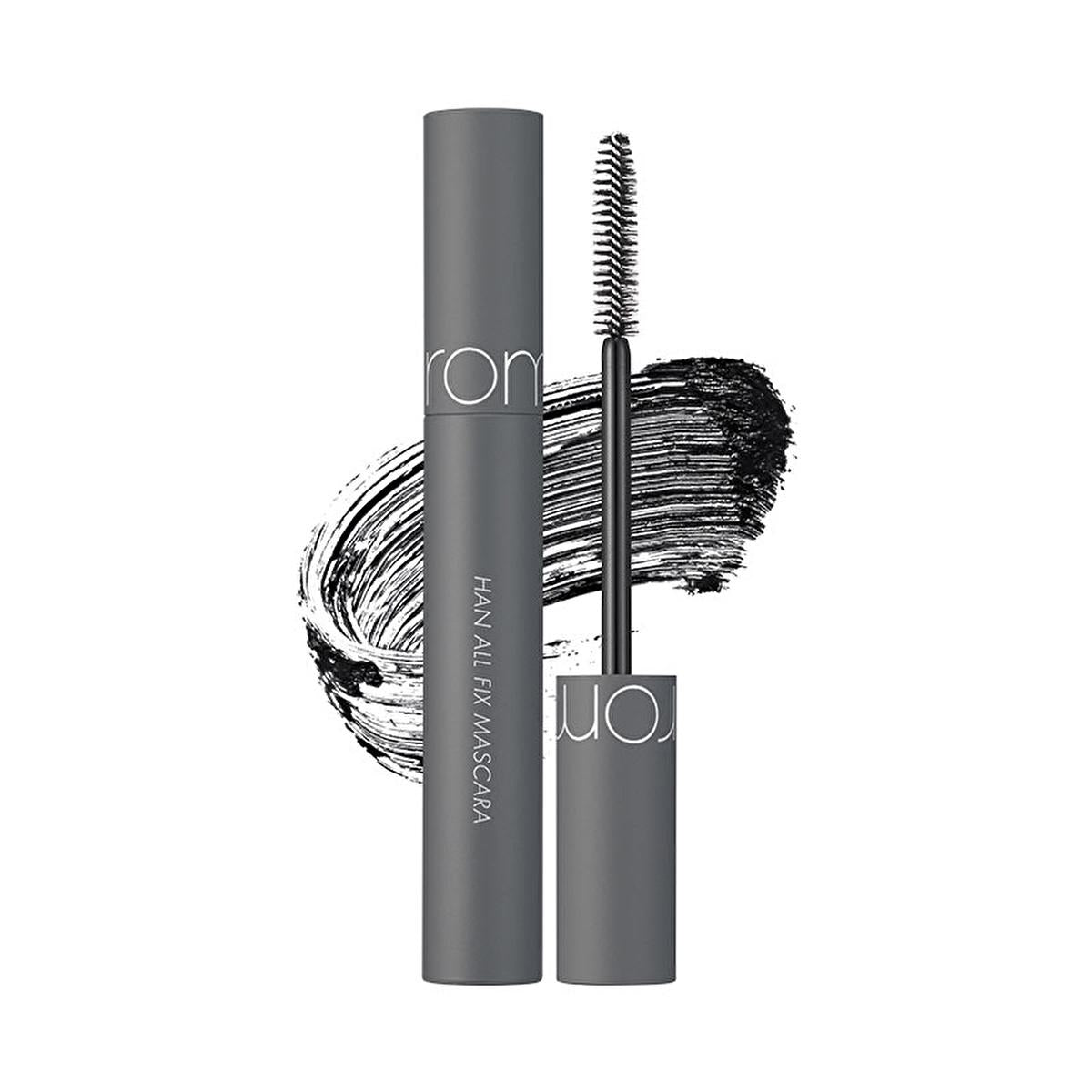 rom&nd Han All Fix Mascara Volume Black - Front View, rom&nd Han All Fix Mascara Volume Black - Wand Detail rom&nd Han All Fix Mascara - Volume Black for Long-Lasting Curl | 0.3 fl. oz. rom&nd Han All Fix Mascara - Volume Black for Long-Lasting Curl romand, mascara, volume-black, makeup, long-lasting, beauty-lovers, eye-makeup, smudge-proof, ai-generated, water-resistant