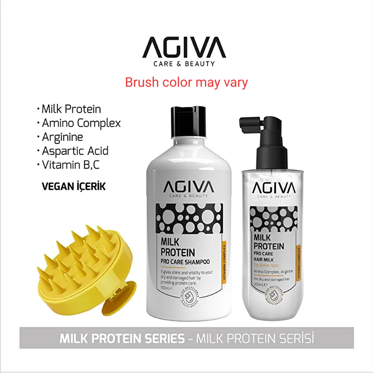 Agiva Milk Protein Hair Care Set: Shampoo, Hair Milk &amp; Comb - Repair Damaged Hair, Restore Shine, Moisturize &amp; Detangle (Brush Color May Vary)