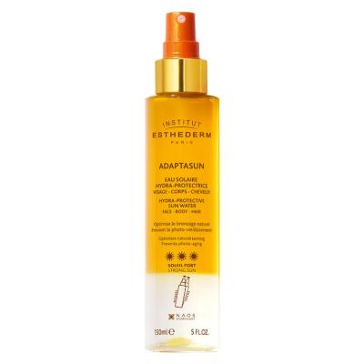 institut esthederm adaptasun hydra protective sun water bottle, splash of water illustrating the lightweight formula of adaptasun sun water Institut Esthederm Adaptasun Hydra Protective Sun Water - 150 ml Institut Esthederm Adaptasun Sun Water - Moisturizing SPF sunscreen, hydrating-sun-water, moisturizing-sunscreen, sun-protection, outdoor-activities, easy-application, spf-protection, beach-ready, water-based, ai-generated