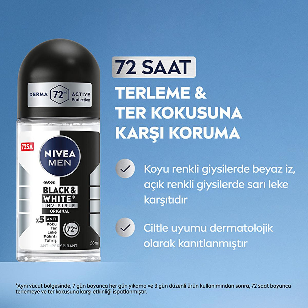 Nivea Men Deodorant - Nivea Men Erkek Roll-on Deodorant Black & White Invisible Original 50 ml - Long Lasting - Deodorant