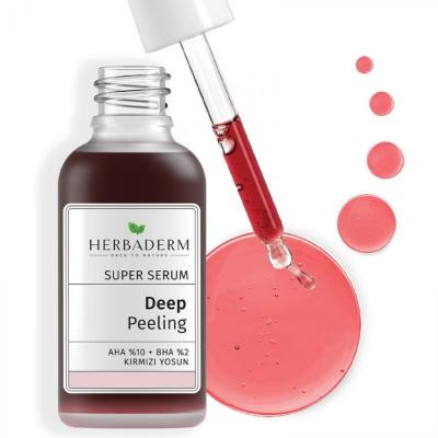 Herbaderm Deep Red Exfoliating Facial Serum: Glycolic & Salicylic Acid Peel for Acne, Dark Spots, & Brighter Skin - 1 fl oz Herbaderm Red Peel Serum: Exfoliate Acne & Brighten Skin facial serum, chemical peel, red peeling serum, glycolic acid serum, salicylic acid serum, exfoliating serum, acne treatment, skin brightening serum, dark spot treatment, skin tone serum, exfoliation, radiance, glycolic acid, lactic acid, salicylic acid, mandelic acid, red algae extract, skin texture, acne, blackheads, dark spots