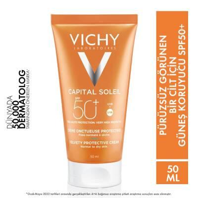 vichy capital soleil spf50 velvety sunscreen, vichy spf50 sunscreen bottle, vichy sunscreen texture application Vichy SPF50+ Velvety Sunscreen - Moisturizing Protection | 50ml Vichy SPF50+ Velvety Sunscreen - 50ml sunscreen, spf50, vichy, moisturizing, sensitive-skin, water-resistant, daily-skin-care, outdoor-activities, swimming, ai-generated