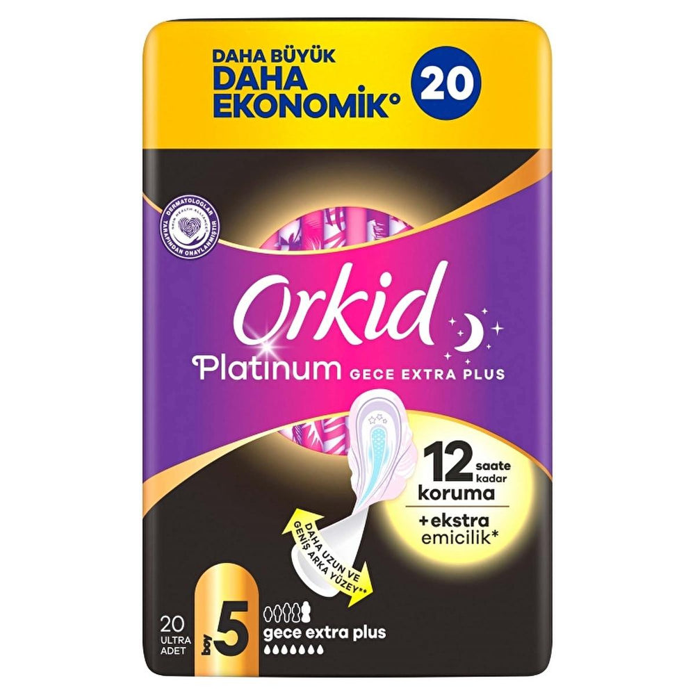 Orkid Platinum Gece Ekstra Plus (Boy 5) - Overnight Hygienic Pads for Women, Extra Absorbent & Comfortable - Intimate Care