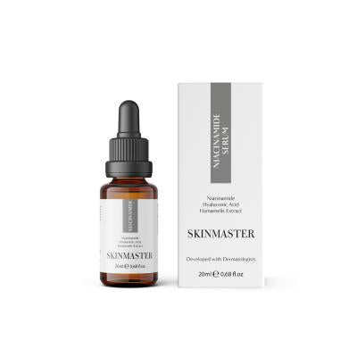 skinmaster niacinamide serum bottle, close-up of skinmaster niacinamide serum texture, application of skinmaster niacinamide serum on skin Skinmaster Niacinamide Serum - Hydrating Formula | 20 ml Skinmaster Niacinamide Serum - Hydrating Formula skinmaster, niacinamide-serum, hydration, oil-control, pore-tightening, serum, skincare, ai-generated, skin-texture, moisturizer