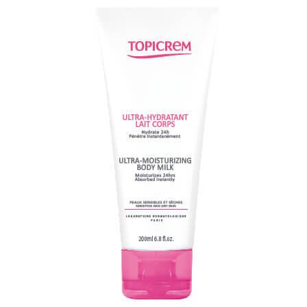 topicrem ultra moisturizing body milk 200ml, top view of topicrem moisturizing milk bottle, application of topicrem body milk on skin Topicrem Ultra Moisturizing Body Milk - 200ml | Ideal for All Ages Topicrem Ultra Moisturizing Body Milk | 200ml moisturizing-body-milk, topicrem, dry-skin-care, baby-skin-care, children-skin-care, emollient, skin-hydration, non-comedogenic, ai-generated, body-lotion