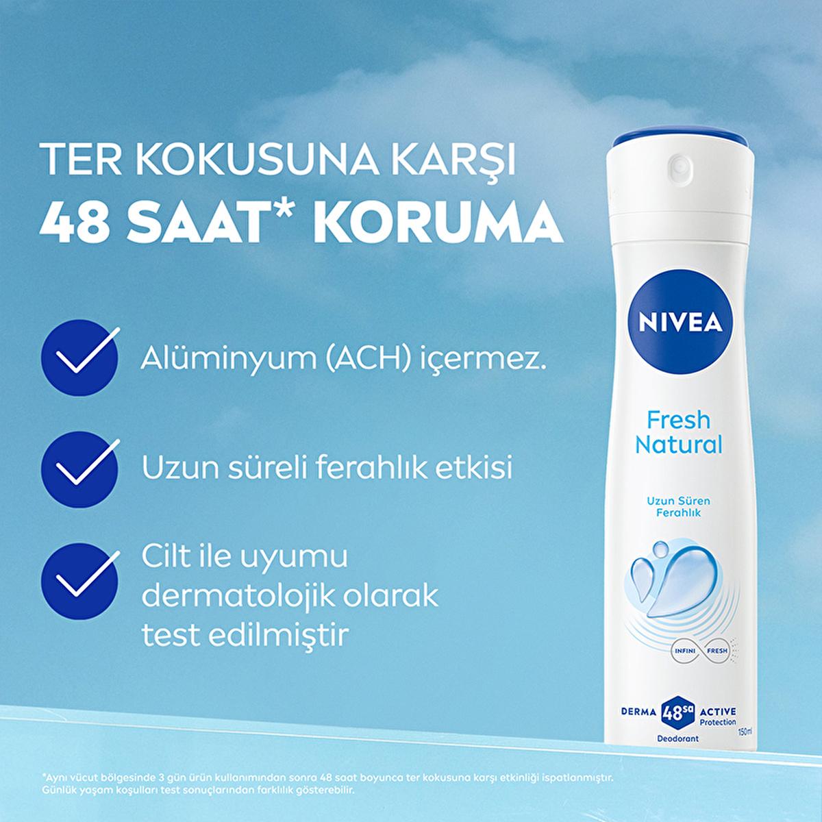 NIVEA Women's Fresh Natural Deodorant Spray - 48-hour Protection, Aluminum-free & Powder-free NIVEA Women's Fresh Natural Deodorant Spray - 48hr Protection NIVEA Women's Deodorant Spray, Fresh Natural Deodorant, Aluminum-free Deodorant, 48-hour Deodorant Protection, Derma Active Protection Deodorant, Women's Personal Care, Natural Fragrance, Sensitive Skin Friendly, Dermatologically Tested, Long-lasting Freshness, Ocean Essences, Powder-free Deodorant