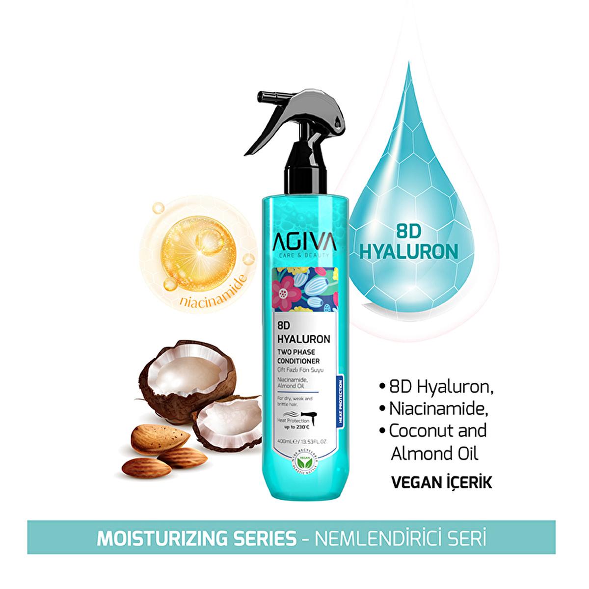 Agiva 8D Hyaluron Hair Moisturizing Spray: Heat Protectant, Shine & Easy Comb - Hydrating Hyaluronic Acid, Almond Oil Leave-In Conditioner Agiva Hyaluron Hair Spray: Moisturize, Protect, Shine hair moisturizing spray, heat protectant spray, hyaluronic acid hair spray, hair styling spray, easy comb hair spray, hair repair spray, hair shine spray, niacinamide hair, almond oil hair, leave in hair conditioner, hair spray, hair treatment, dry hair, damaged hair, hair hydration, hair care, styling product, hair h