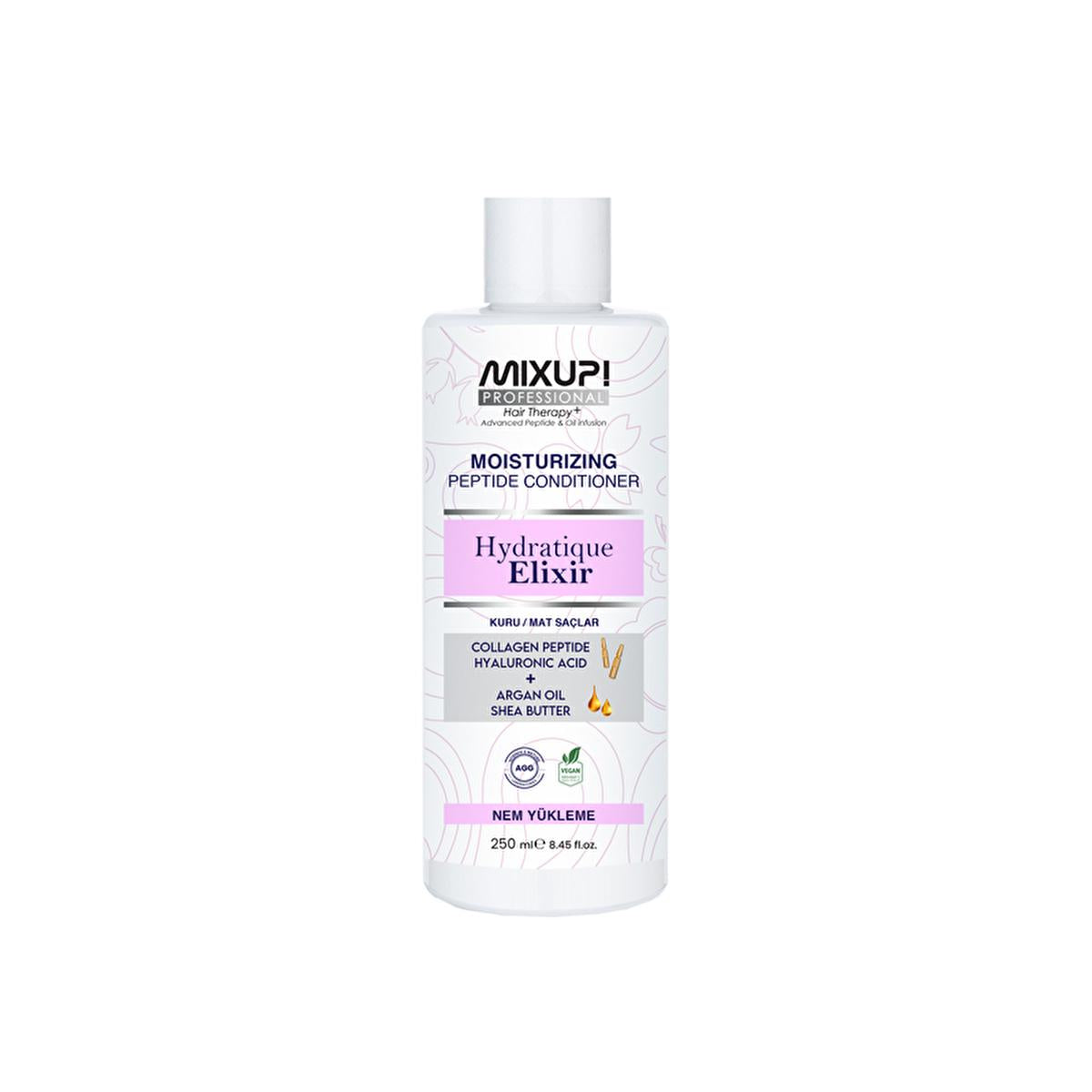 mixup hydratique elixir peptit hair conditioner bottle, mixup hair conditioner application Mixup! Hydratique Elixir Peptit Hair Conditioner - Intense Hydration for Dry Hair | 250 ml Mixup! Hydratique Elixir Peptit Hair Conditioner 250 ml mixup, hair-conditioner, hydration, dry-hair, peptides, hyaluronic-acid, argan-oil, shea-butter, hair-care, ai-generated