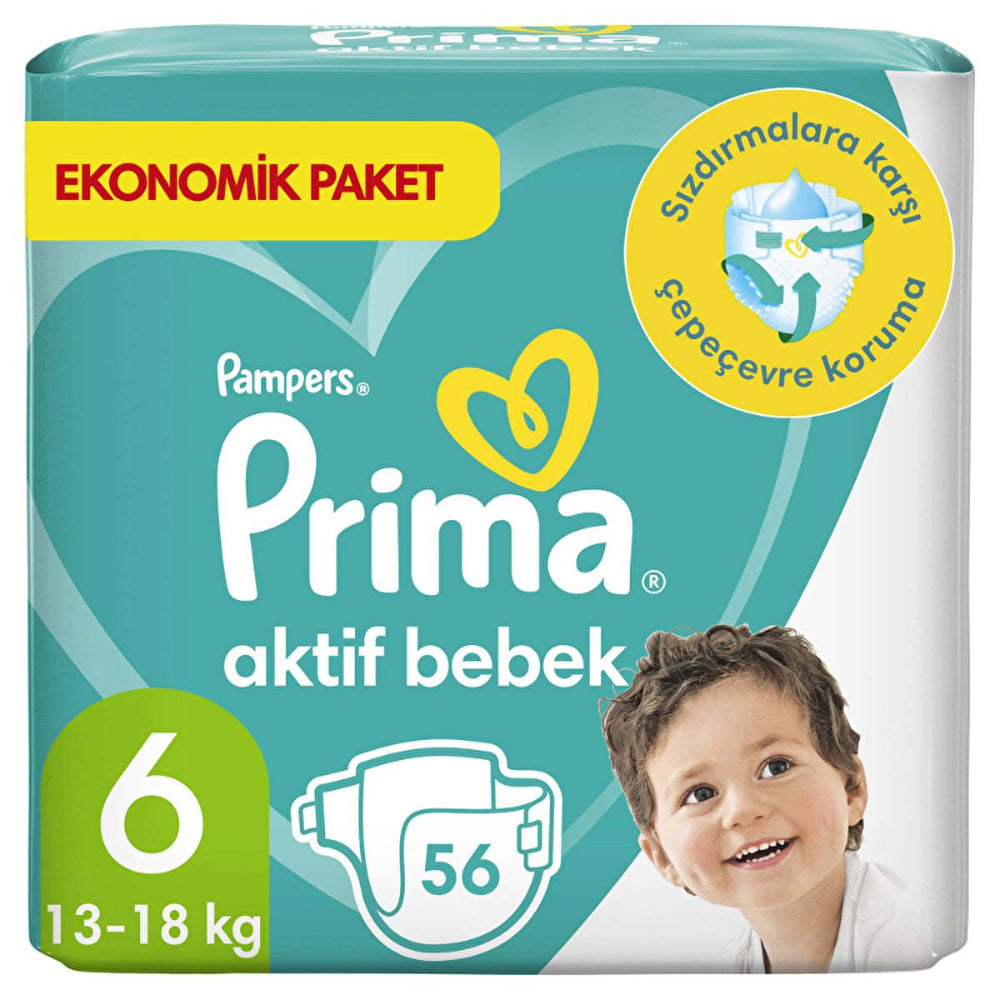 Prima Pampers Active Baby Diapers Size 6 - 56 Count, Extra Large, Leakproof & Dermatologically Tested - Baby Care