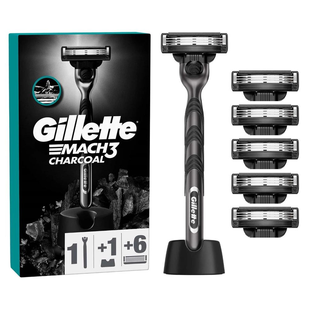 Gillette Mach3 Charcoal Razor with 5 Refill Blades & Stand