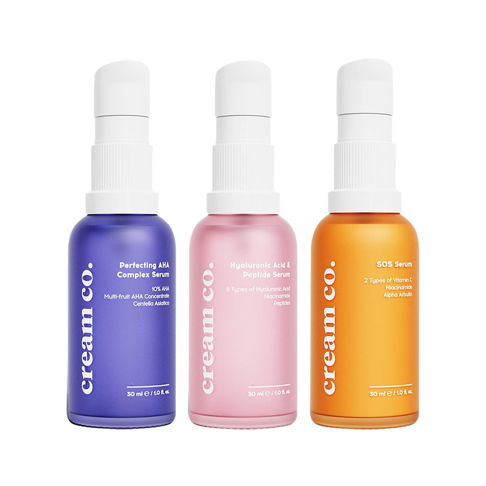Cream Co. Skincare Serum Set with Hyaluronic Acid, Peptide & Vitamin C - Anti-Aging, Brightening & Hydrating Serum for Women and Men Cream Co. Skincare Serum Set - Anti-Aging & Brightening skincare serum, hyaluronic acid serum, anti-aging skincare, vitamin C serum, AHA exfoliant, skincare routine, anti-aging products, brightening serum, hydration serum, skincare set, beauty products, skincare essentials, radiant skin, youthful skin