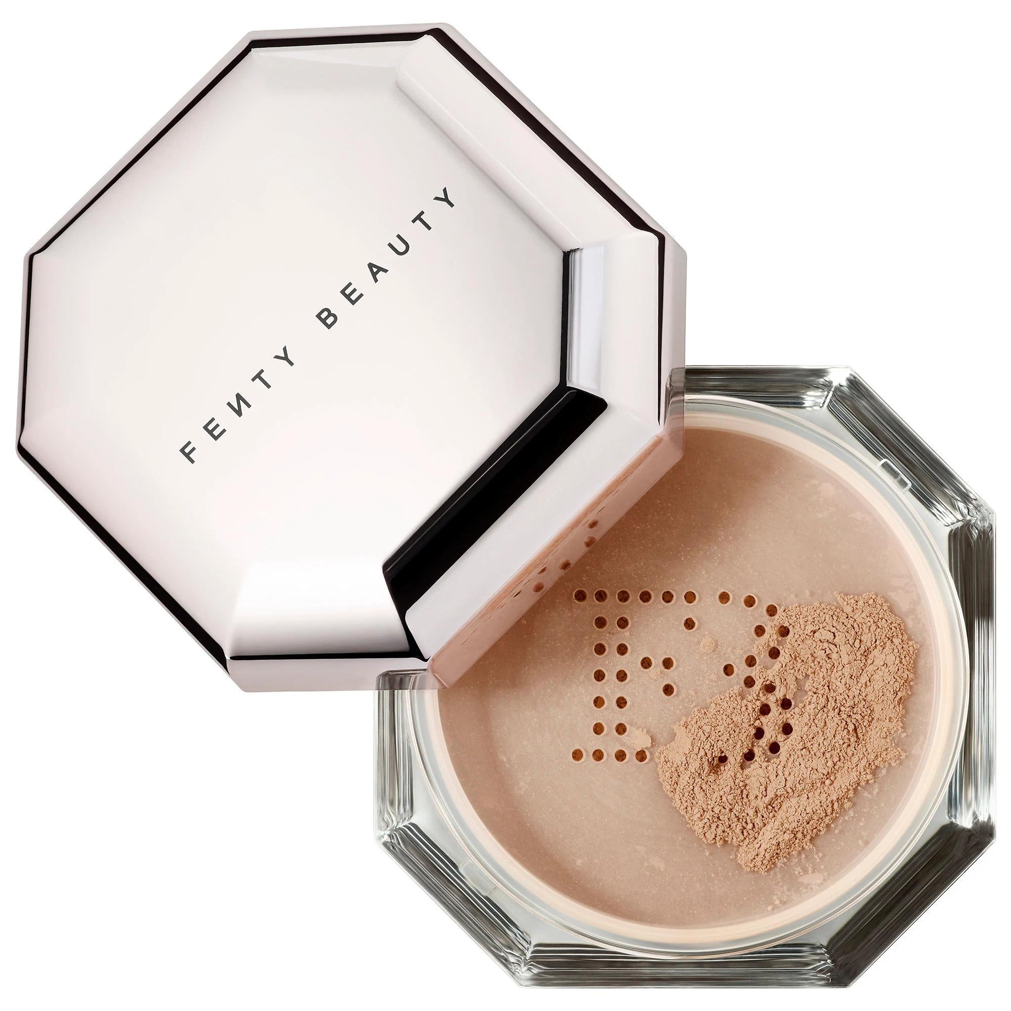Fenty Beauty Pro Filt'r Setting Powder: Weightless, Sheer, Blurring, Long-Lasting Shine Control for Photo-Ready Makeup Fenty Beauty Setting Powder: Shine Control, Blurring, Photo-Ready setting powder, loose setting powder, retouch setting powder, shine control powder, blurring powder, photo ready makeup, Fenty Beauty, weightless setting powder, long lasting setting powder, sheer setting powder, makeup, face powder, cosmetics, long-lasting makeup, flawless finish, oily skin, combination skin, minimize pores,