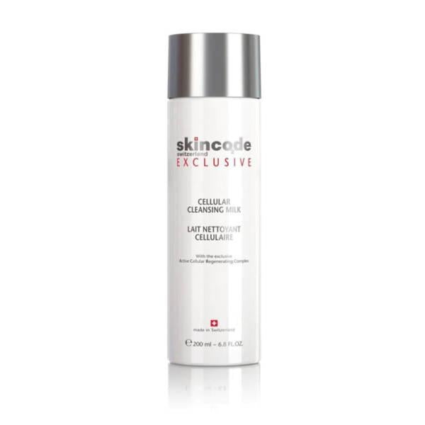 skincode cellular cleansing milk 200ml bottle, applying skincode cleansing milk to the face Skincode Cellular Cleansing Milk - Gentle Makeup Remover | 200ml Skincode Cellular Cleansing Milk - Gentle Makeup Remover skincode, cleanser, makeup-remover, skincare, facial-cleanser, gentle-cleanser, daily-skincare, ai-generated, 200ml, hydrating