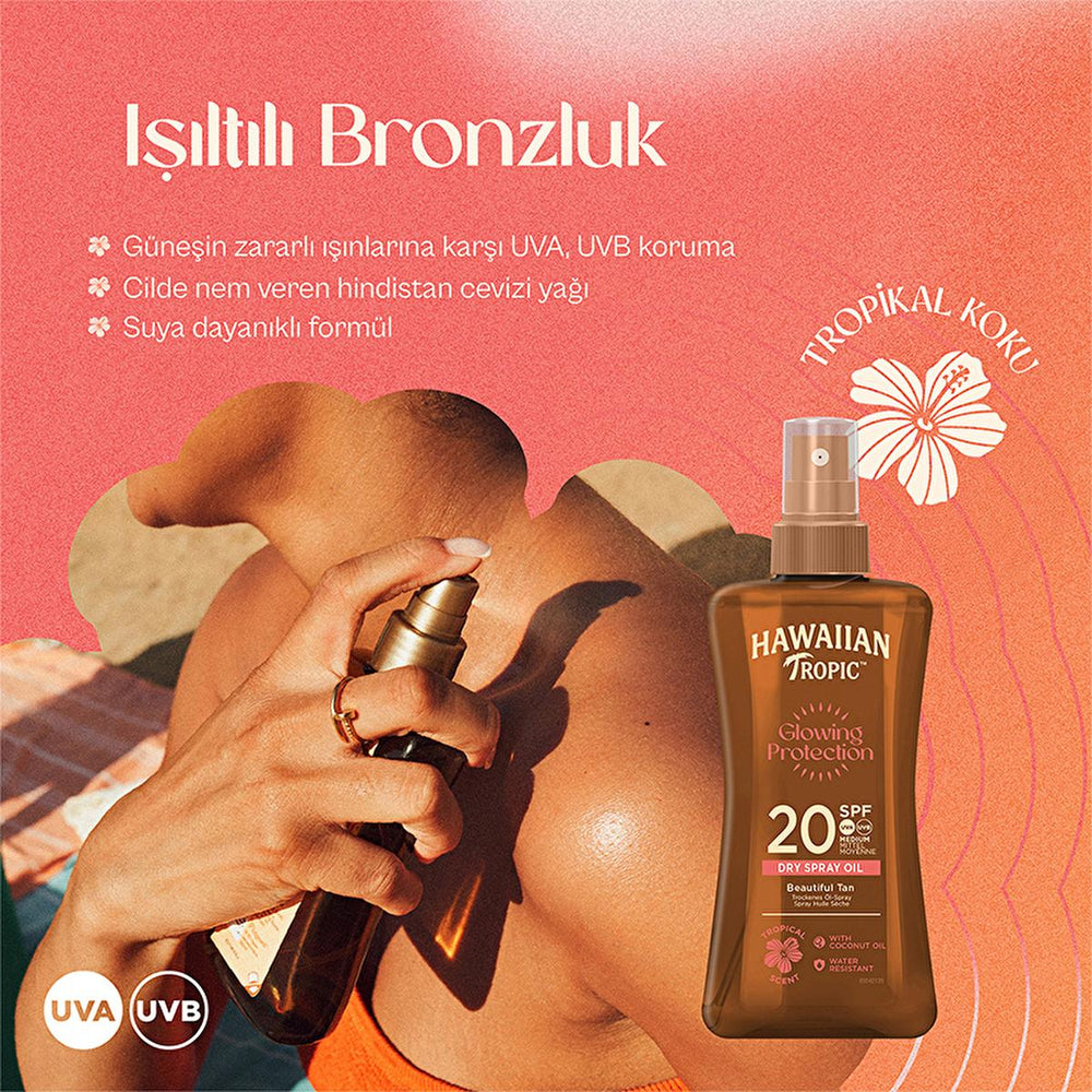 Hawaiian Tropic Glowing Protection SPF20 Sunscreen Oil: Tan & Moisturize with UVA/UVB Protection Hawaiian Tropic SPF20 Sunscreen Oil: Tan & Protect sunscreen oil, SPF20 sunscreen, Hawaiian Tropic sunscreen, vegan sunscreen, bronzing sunscreen oil, water resistant sunscreen, sun protection oil, UVA UVB protection sunscreen, sun protection, tanning oil, tanning, coconut oil, aloe vera, tropical flower extracts, moisturizing sunscreen, non-greasy sunscreen, water resistant, vegan, recycled packaging, eco-frien