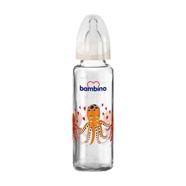 Bambino 225ml Glass Baby Bottle with Slow Flow Nipple - Krem Sarı Ahtapot Design, Non-Toxic & Eco-Friendly for - Baby Care