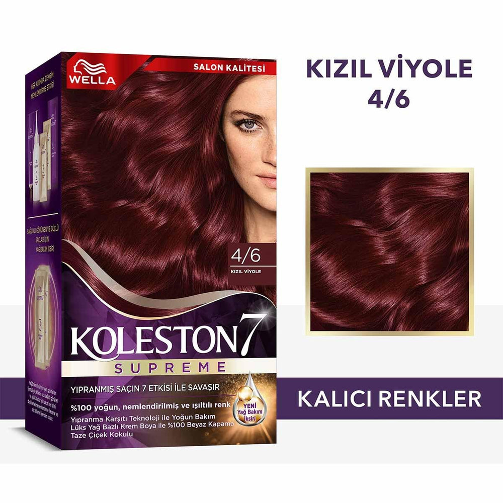 Wella Koleston Supreme 4/6 Kızıl Viyole: Radiant Red Violet Hair Dye Kit - Long Lasting Color, Intense Shine & Deep Conditioning Wella Koleston Red Violet Hair Dye: Long Lasting Color & Shine Wella Koleston hair dye, red violet hair color, at-home hair coloring kit, long lasting hair dye, hair color with conditioner, 4/6 Kızıl Viyole hair dye, permanent hair color, hair color maintenance, Wella hair color, red hair dye, violet hair dye, hair coloring, hair dye kit, at home hair color, hair color, hair dye, 