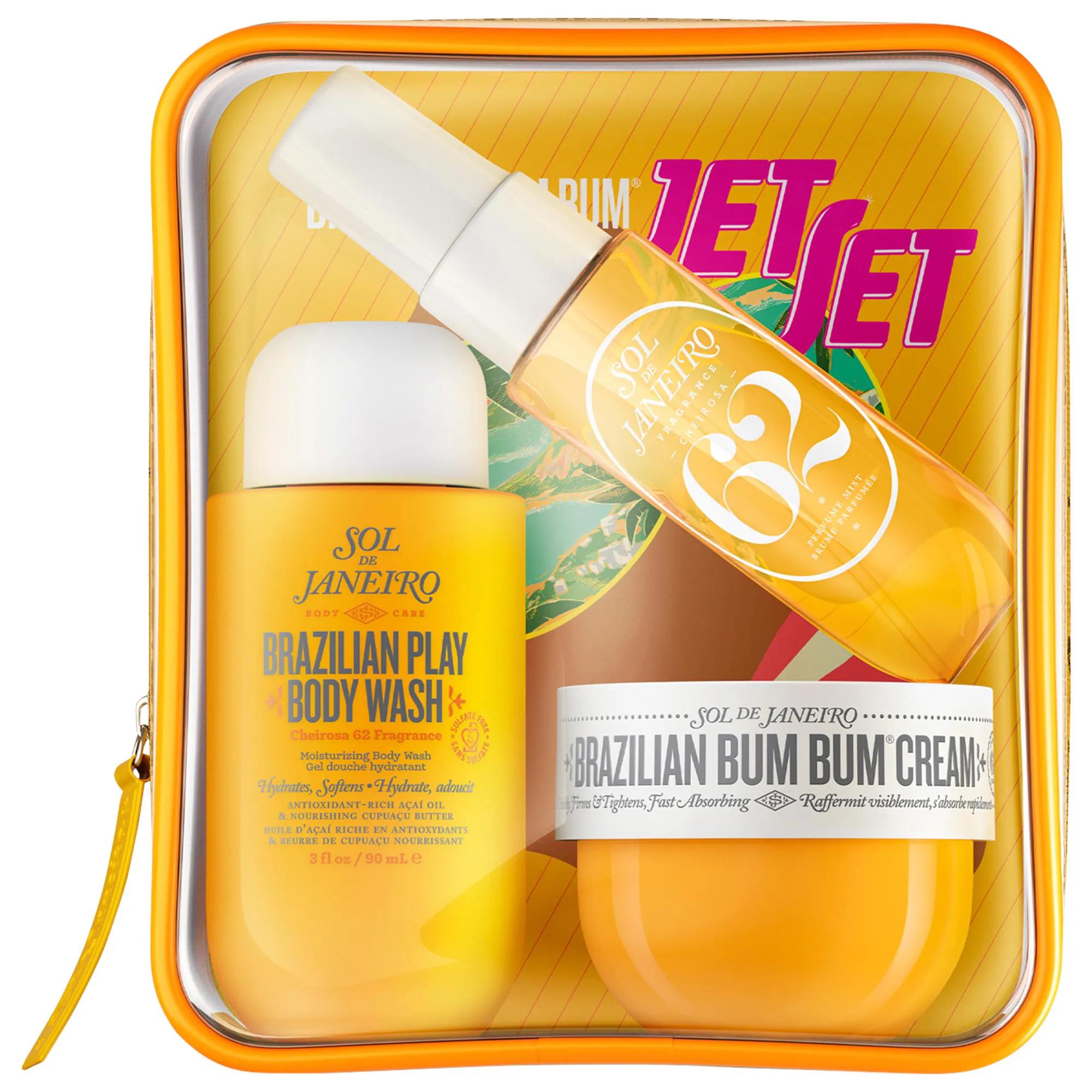 Sol de Janeiro Brazilian Bum Bum Jet Set: Travel-Size Body Care Set with Cheirosa &#39;62 Scent - Vegan &amp; Cruelty-Free Moisturizer, Fragrance Mist, &amp; Shower Cream-Gel Sol de Janeiro Bum Bum Set: Travel Body Care - Vegan &amp; Cruelty-Free Brazilian Bum Bum Cream, Body care set, Travel size body products, Vegan body care, Cruelty-free body care, Brazilian Crush fragrance mist, Shower cream-gel, Cheirosa &#39;62 scent, Body moisturizer, Gift set for women, Body care, Travel set, Vegan beauty, Cruelty-free beauty, Fragran