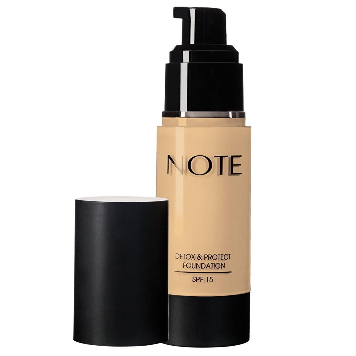 note detox protect foundation natural beige bottle, swatch of note detox protect foundation natural beige Note Detox & Protect Foundation - Natural Beige | Ideal for All Skin Types, SPF 15 Note Detox & Protect Foundation - Natural Beige, SPF 15 note, foundations, natural-beige, makeup, skincare, spf15, vegan, long-lasting, sensitive-skin, ai-generated