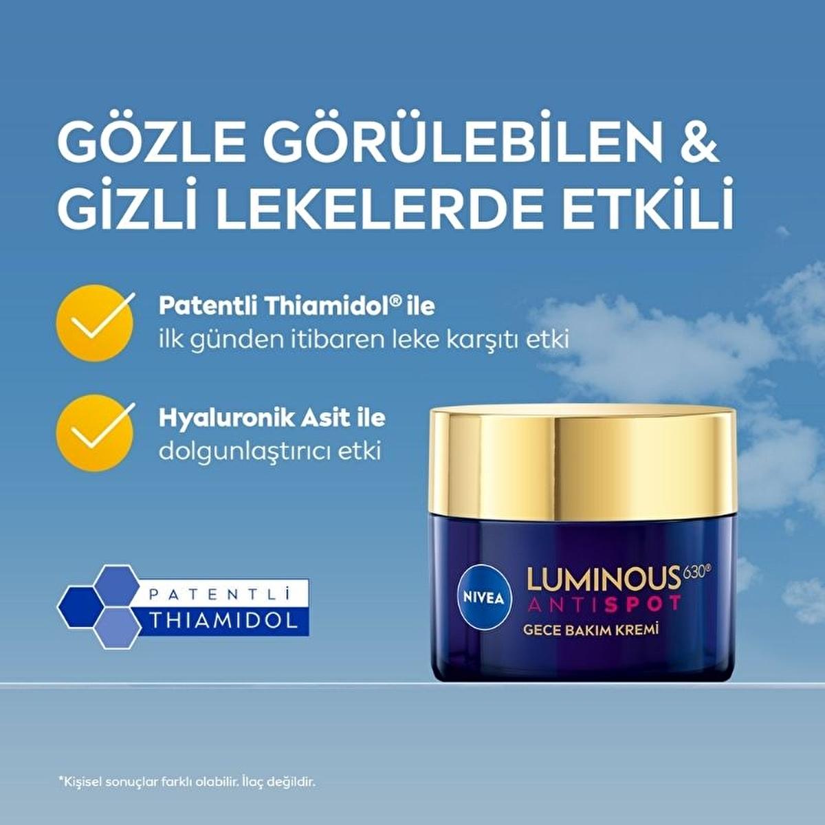 nivea luminous630 anti-spot night cream packaging, nivea luminous630 ingredients close-up, nivea luminous630 cream application on skin Nivea Luminous630 Anti-Spot Night Cream - With Thiamidol for Dark Spots | 50 ml Nivea Luminous630 Anti-Spot Night Cream 50 ml nivea, anti-spot-cream, night-cream, thiamidol, skincare, women, hydrating-cream, dark-spot-treatment, skin-brightening, ai-generated