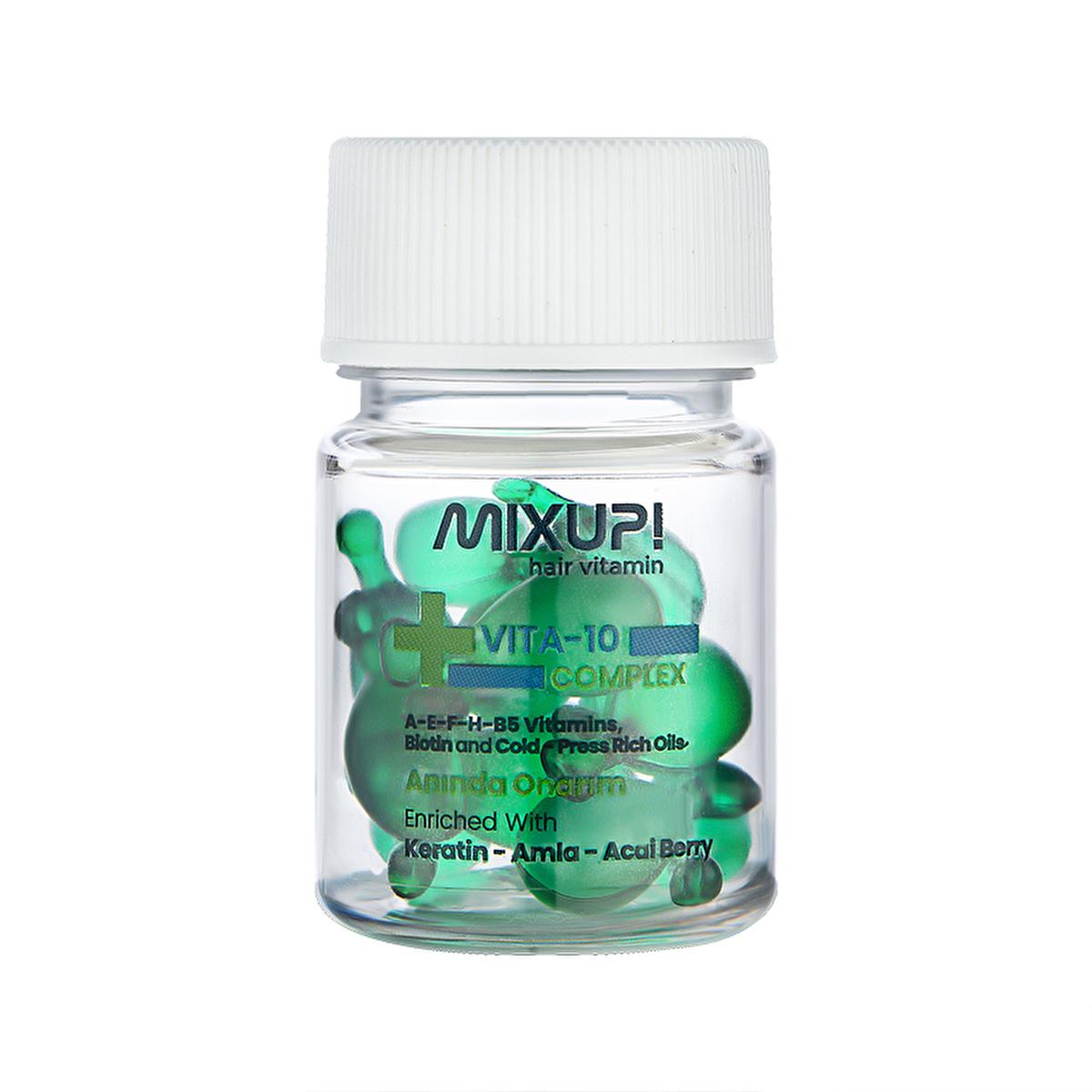 mixup vita 10 complex hair vitamin booster capsules, bottle of mixup vita 10 complex for damaged hair Mixup! Vita 10 Complex Hair Vitamin & Booster - For Damaged Hair | 10 Capsules Mixup! Vita 10 Complex Hair Vitamin Booster mixup, hair-vitamin, damaged-hair, hair-care, hair-booster, vitamin, silky-hair, nourishing, heat-protection, ai-generated