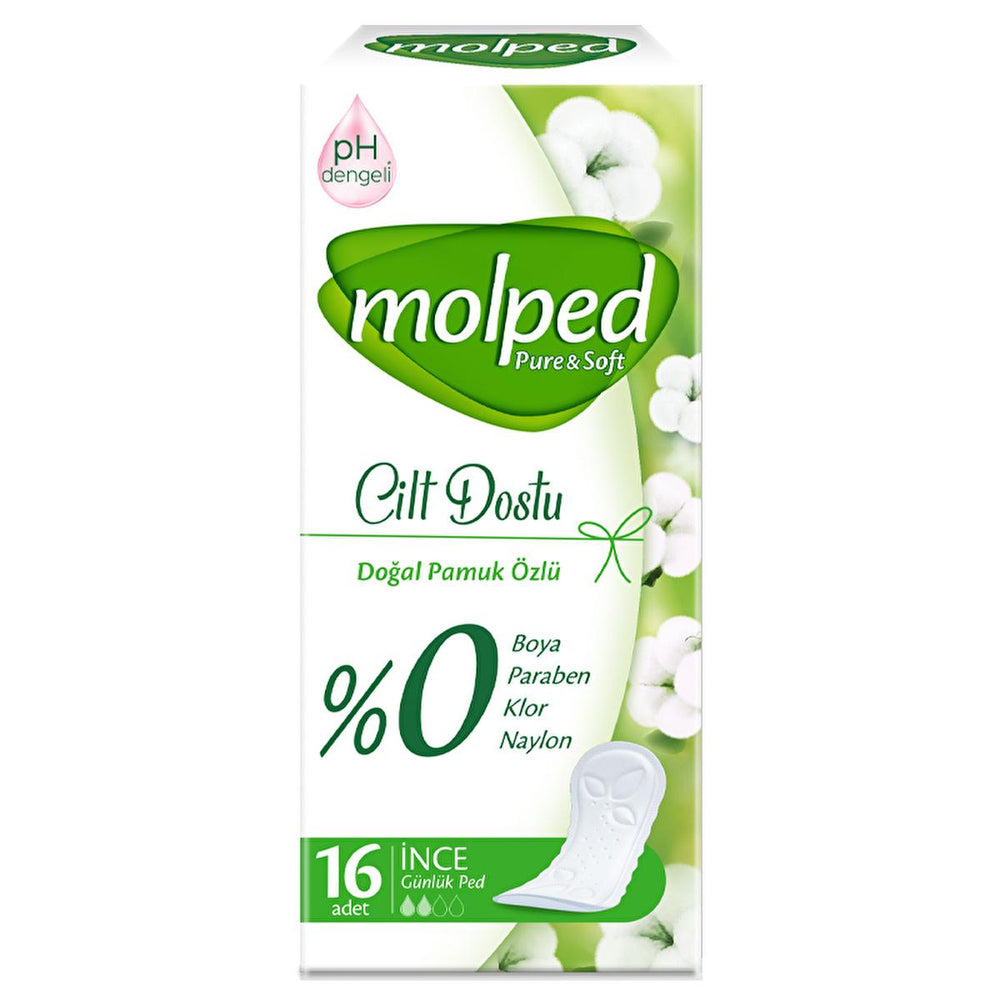 Molped Pure & Soft Daily Sanitary Pads - Natural, Hypoallergenic, pH Balanced - 16 Count - Hygiene Products