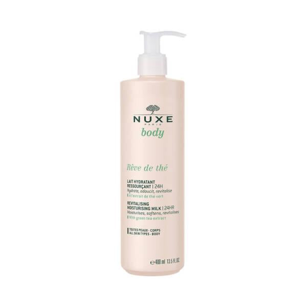 nuxe body reve de the moisturising milk 400ml bottle, nuxe body moisturising milk texture Nuxe Body Reve de The Moisturising Milk - Revitalizing Formula | 400ml Nuxe Body Reve de The Moisturising Milk 400ml nuxe, moisturising-milk, skin-care, hydration, natural-ingredients, body-lotion, dry-skin, luxury-product, ai-generated, vegan-friendly